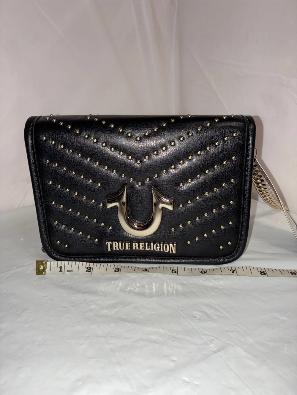 True Religion Black Quilted Studded Crossbody with Gold Chain